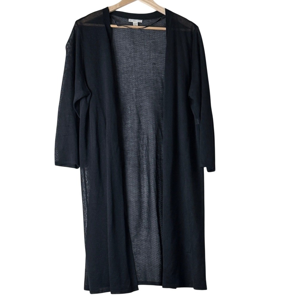 Cardigan 14/16W Black Minimalist Sheer Knit Layering Office Longline Open Front